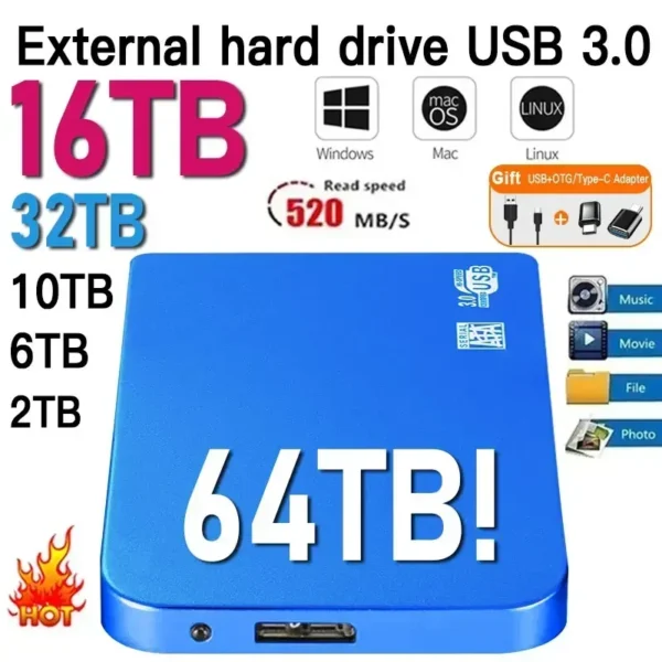 Portable SSD 1TB External Solid State Drive 2TB Mobile Hard Disk High-Speed Storage Device For Laptops/Desktop/Mac/Phone